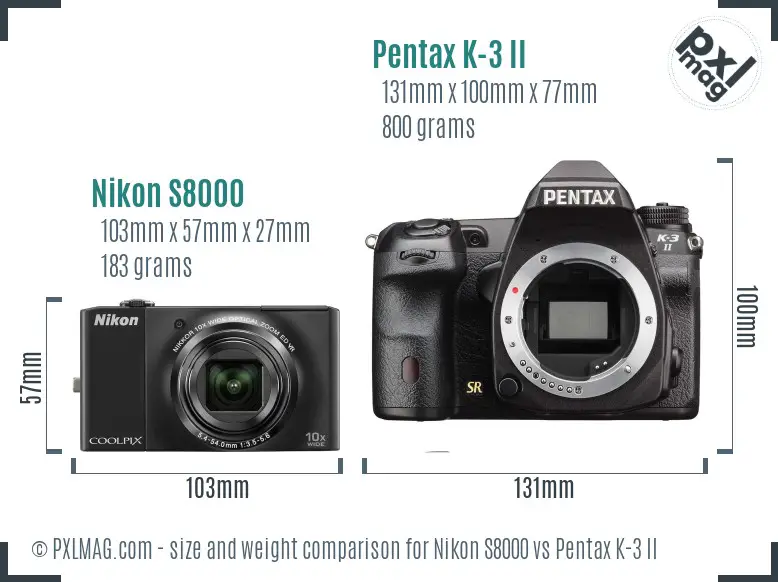 Nikon S8000 vs Pentax K-3 II size comparison
