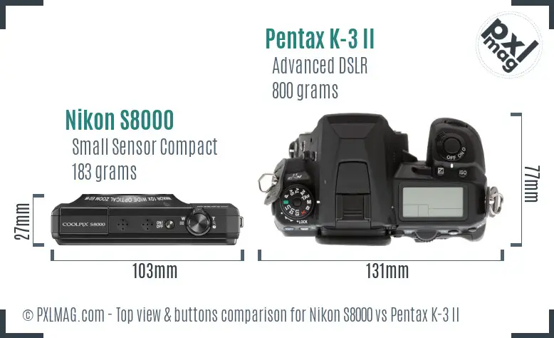 Nikon S8000 vs Pentax K-3 II top view buttons comparison