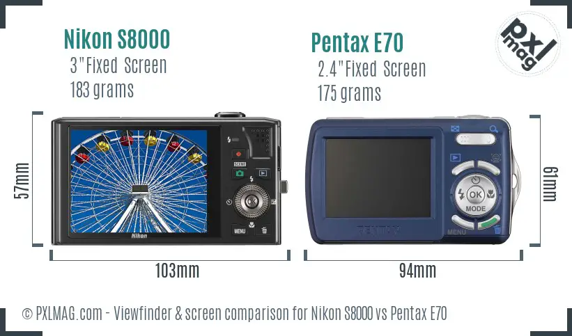 Nikon S8000 vs Pentax E70 Screen and Viewfinder comparison