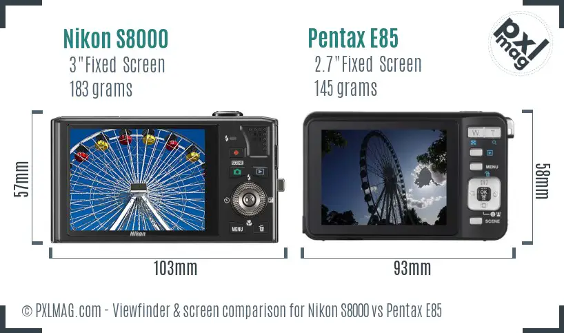 Nikon S8000 vs Pentax E85 Screen and Viewfinder comparison
