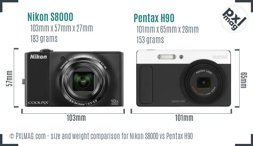 Nikon S8000 vs Pentax H90 size comparison