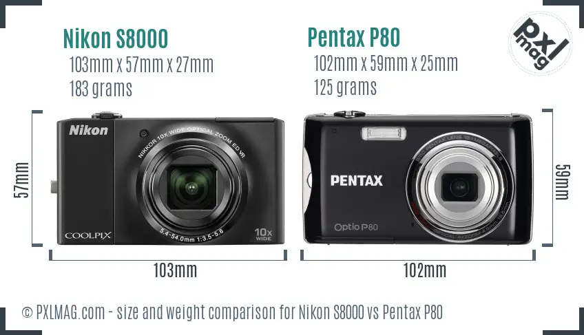 Nikon S8000 vs Pentax P80 size comparison