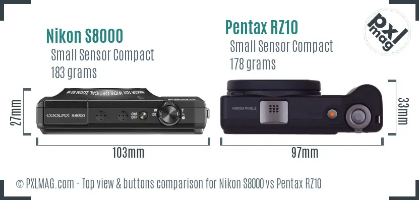 Nikon S8000 vs Pentax RZ10 top view buttons comparison Nikon S8000 vs Pentax RZ10 top view buttons comparison
