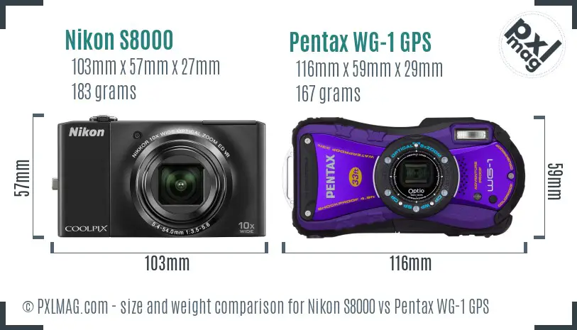 Nikon S8000 vs Pentax WG-1 GPS size comparison Nikon S8000 vs Pentax WG-1 GPS size comparison