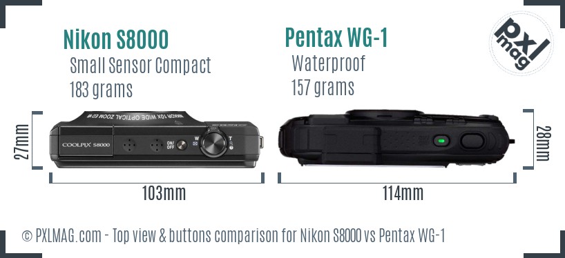 Nikon S8000 vs Pentax WG-1 top view buttons comparison