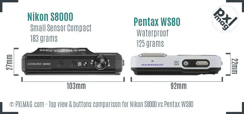 Nikon S8000 vs Pentax WS80 top view buttons comparison Nikon S8000 vs Pentax WS80 top view buttons comparison