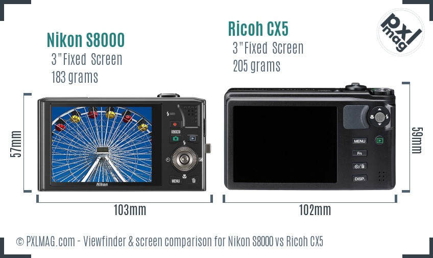 Nikon S8000 vs Ricoh CX5 Screen and Viewfinder comparison
