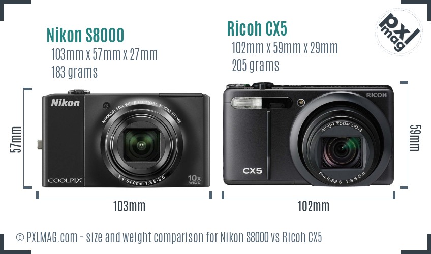Nikon S8000 vs Ricoh CX5 size comparison Nikon S8000 vs Ricoh CX5 size comparison