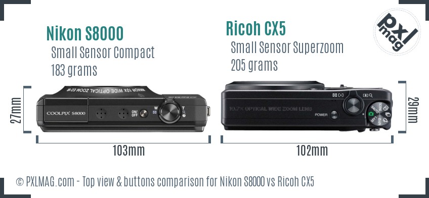Nikon S8000 vs Ricoh CX5 top view buttons comparison