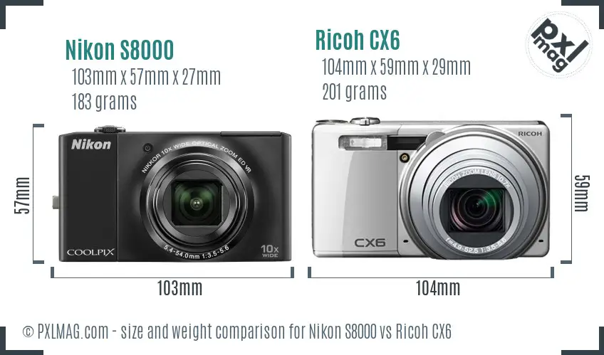 Nikon S8000 vs Ricoh CX6 size comparison