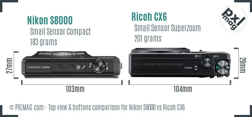 Nikon S8000 vs Ricoh CX6 top view buttons comparison