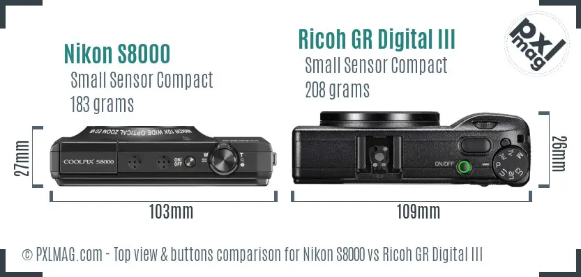 Nikon S8000 vs Ricoh GR Digital III top view buttons comparison Nikon S8000 vs Ricoh GR Digital III top view buttons comparison