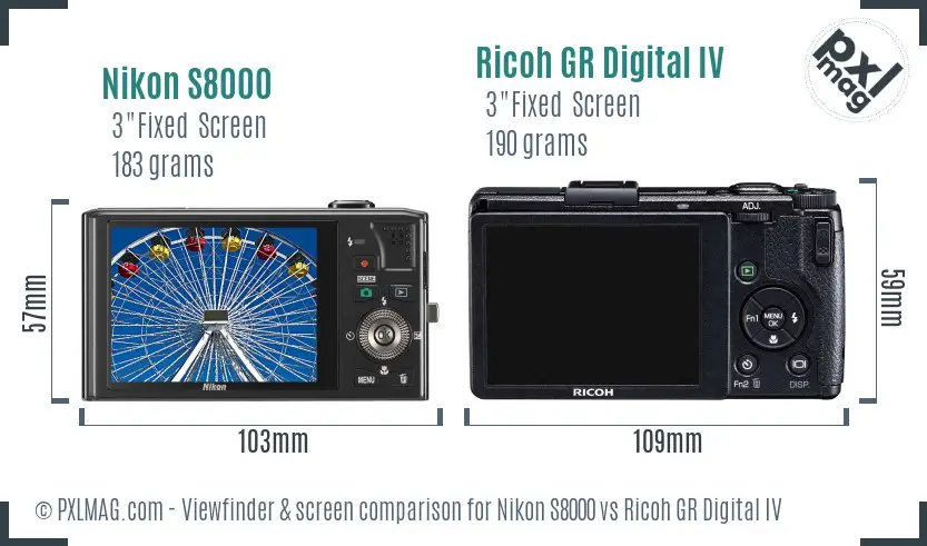Nikon S8000 vs Ricoh GR Digital IV Screen and Viewfinder comparison
