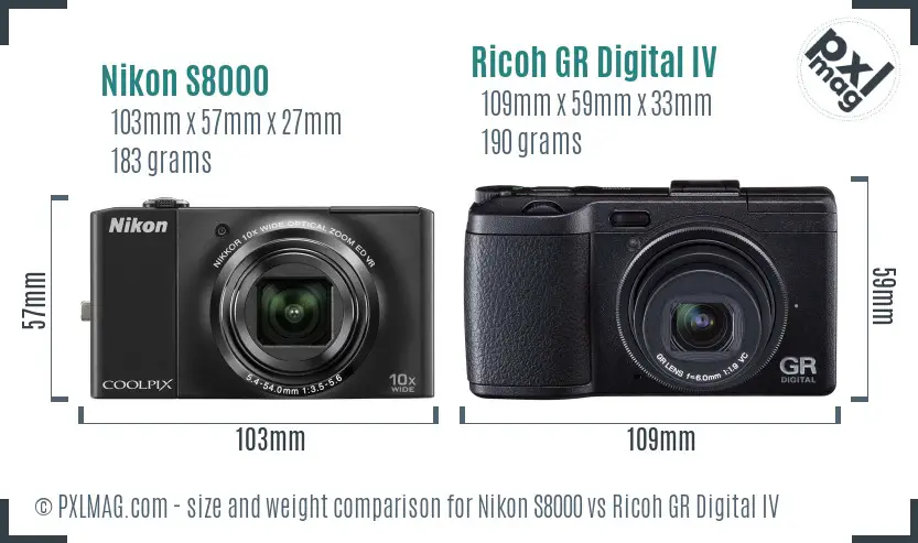 Nikon S8000 vs Ricoh GR Digital IV size comparison