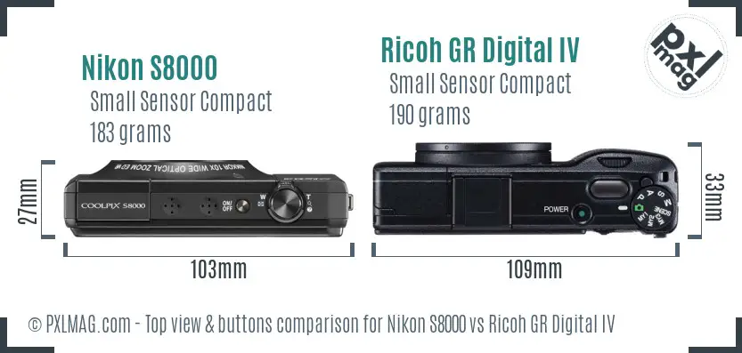 Nikon S8000 vs Ricoh GR Digital IV top view buttons comparison