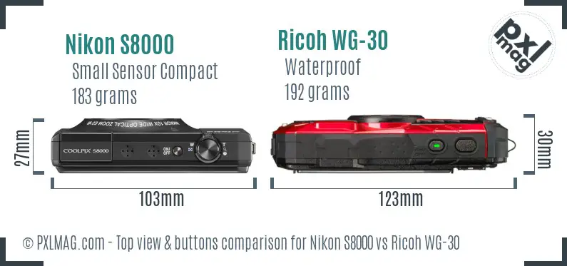 Nikon S8000 vs Ricoh WG-30 top view buttons comparison