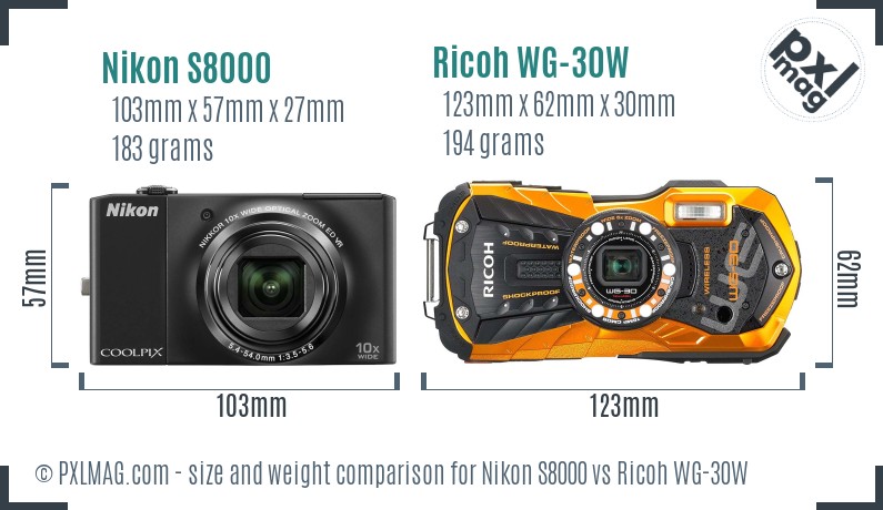 Nikon S8000 vs Ricoh WG-30W size comparison