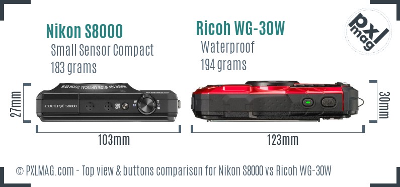 Nikon S8000 vs Ricoh WG-30W top view buttons comparison