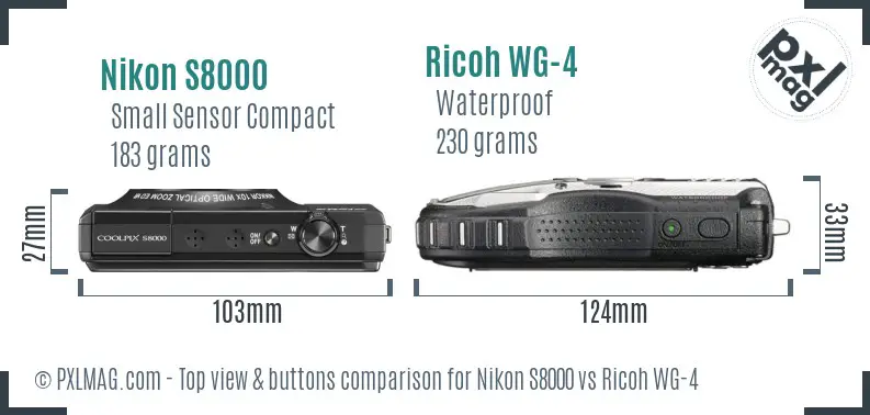Nikon S8000 vs Ricoh WG-4 top view buttons comparison