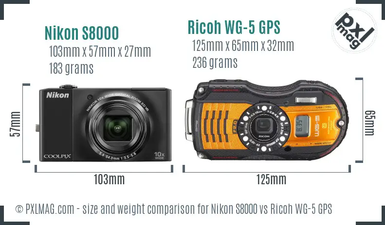 Nikon S8000 vs Ricoh WG-5 GPS size comparison Nikon S8000 vs Ricoh WG-5 GPS size comparison