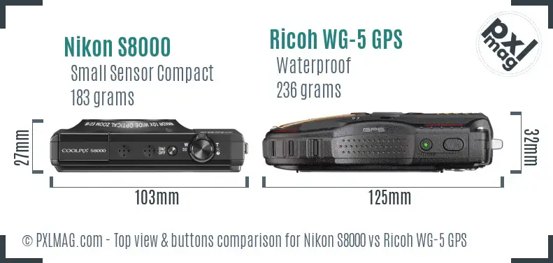 Nikon S8000 vs Ricoh WG-5 GPS top view buttons comparison Nikon S8000 vs Ricoh WG-5 GPS top view buttons comparison