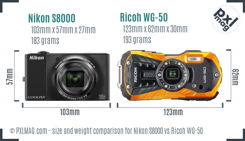 Nikon S8000 vs Ricoh WG-50 size comparison