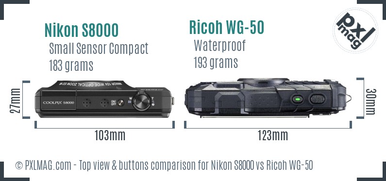 Nikon S8000 vs Ricoh WG-50 top view buttons comparison