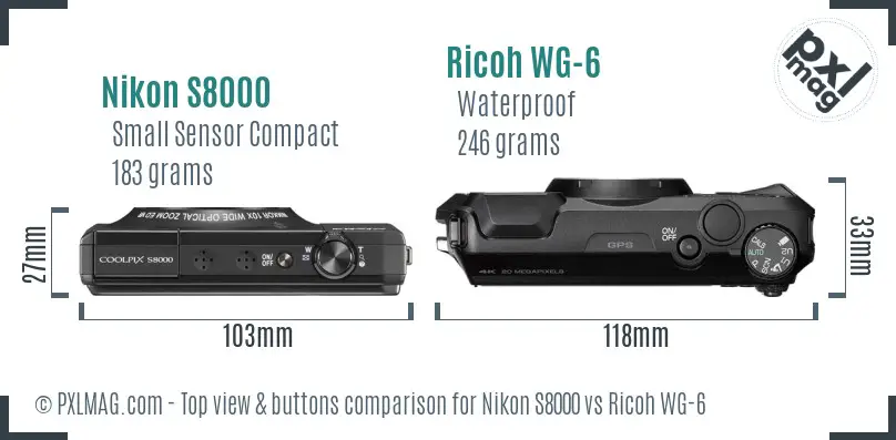 Nikon S8000 vs Ricoh WG-6 top view buttons comparison