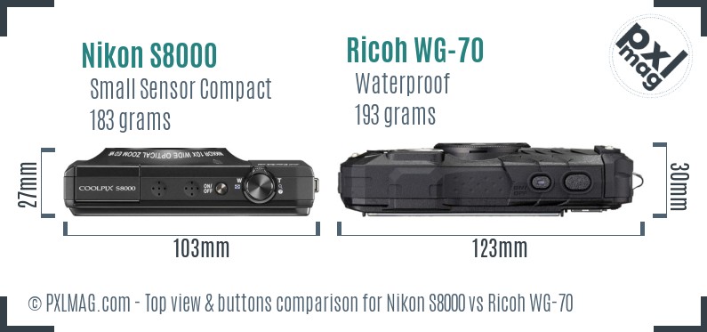 Nikon S8000 vs Ricoh WG-70 top view buttons comparison