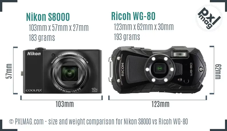Nikon S8000 vs Ricoh WG-80 size comparison