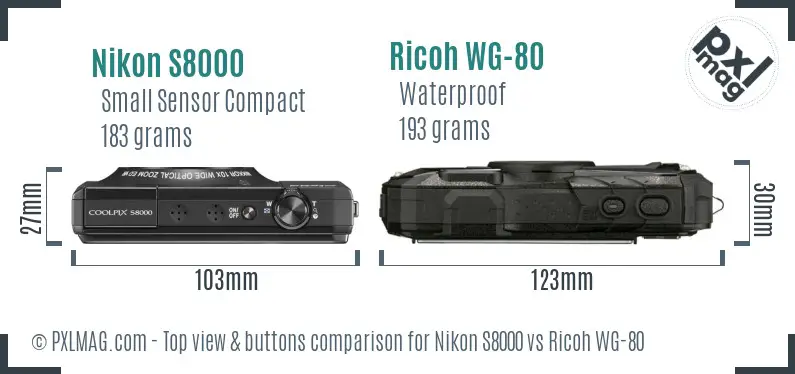 Nikon S8000 vs Ricoh WG-80 top view buttons comparison