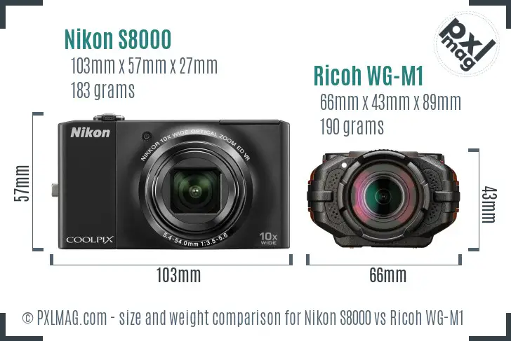 Nikon S8000 vs Ricoh WG-M1 size comparison