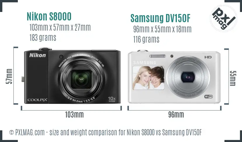 Nikon S8000 vs Samsung DV150F size comparison