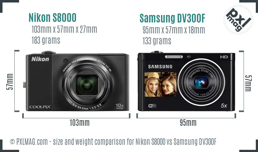 Nikon S8000 vs Samsung DV300F size comparison