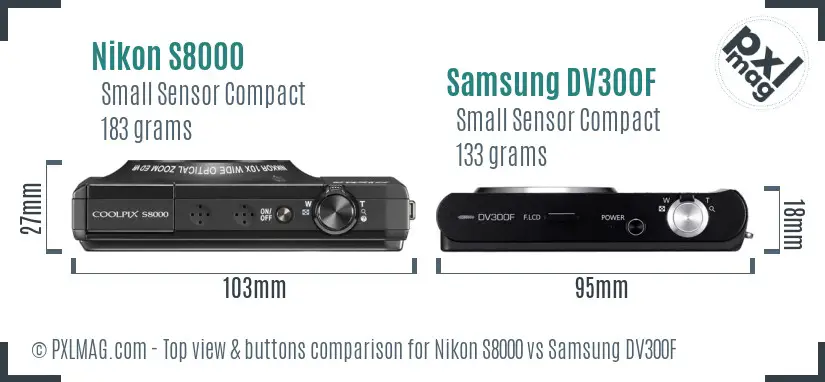 Nikon S8000 vs Samsung DV300F top view buttons comparison