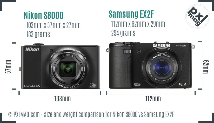 Nikon S8000 vs Samsung EX2F size comparison