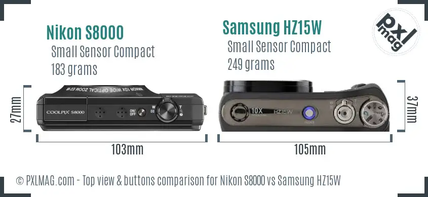 Nikon S8000 vs Samsung HZ15W top view buttons comparison