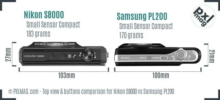 Nikon S8000 vs Samsung PL200 top view buttons comparison