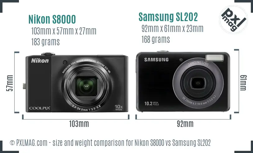 Nikon S8000 vs Samsung SL202 size comparison