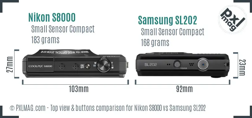 Nikon S8000 vs Samsung SL202 top view buttons comparison