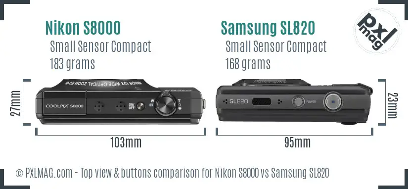 Nikon S8000 vs Samsung SL820 top view buttons comparison
