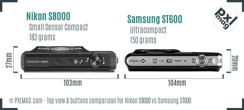 Nikon S8000 vs Samsung ST600 top view buttons comparison