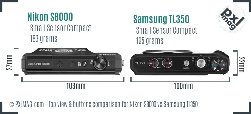 Nikon S8000 vs Samsung TL350 top view buttons comparison Nikon S8000 vs Samsung TL350 top view buttons comparison