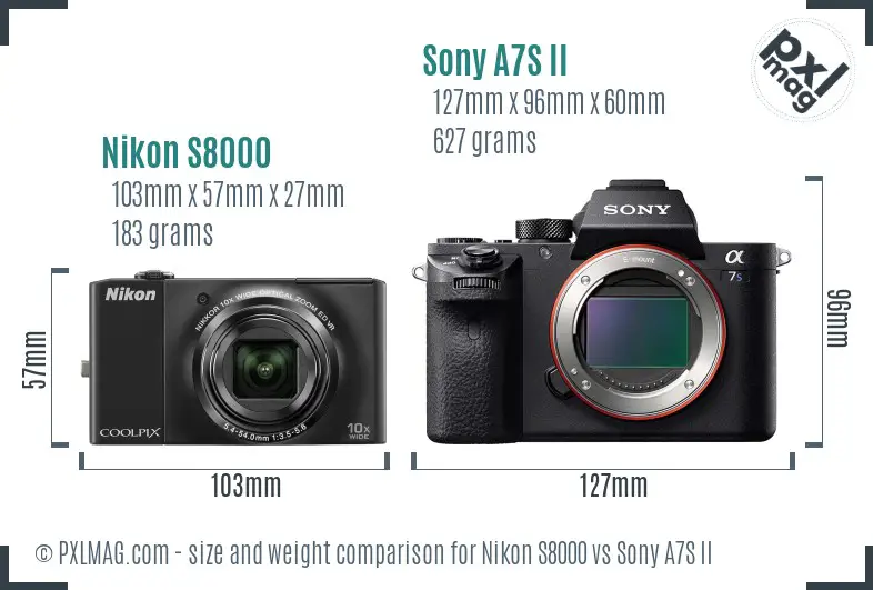 Nikon S8000 vs Sony A7S II size comparison