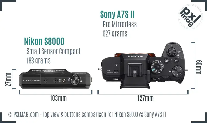 Nikon S8000 vs Sony A7S II top view buttons comparison