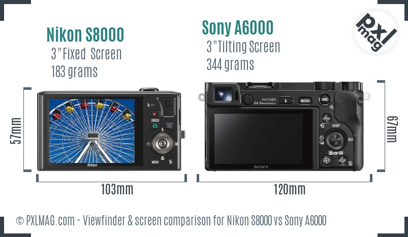 Nikon S8000 vs Sony A6000 Screen and Viewfinder comparison