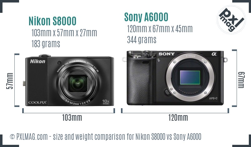 Nikon S8000 vs Sony A6000 size comparison