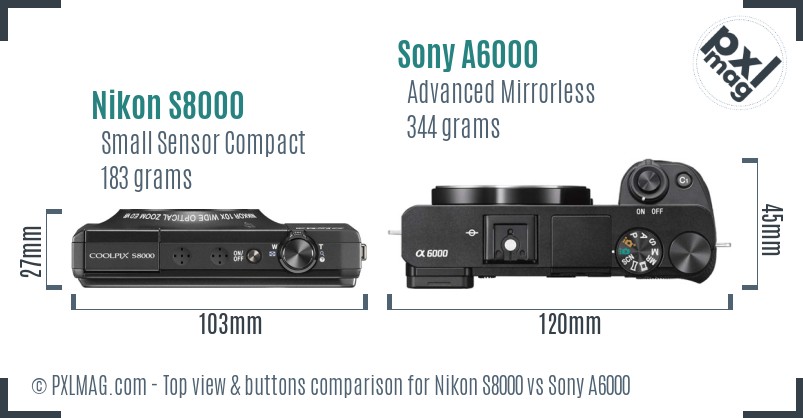 Nikon S8000 vs Sony A6000 top view buttons comparison