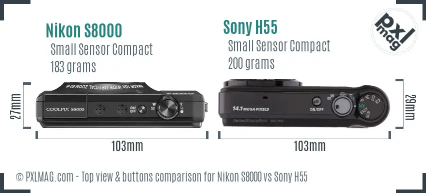 Nikon S8000 vs Sony H55 top view buttons comparison Nikon S8000 vs Sony H55 top view buttons comparison