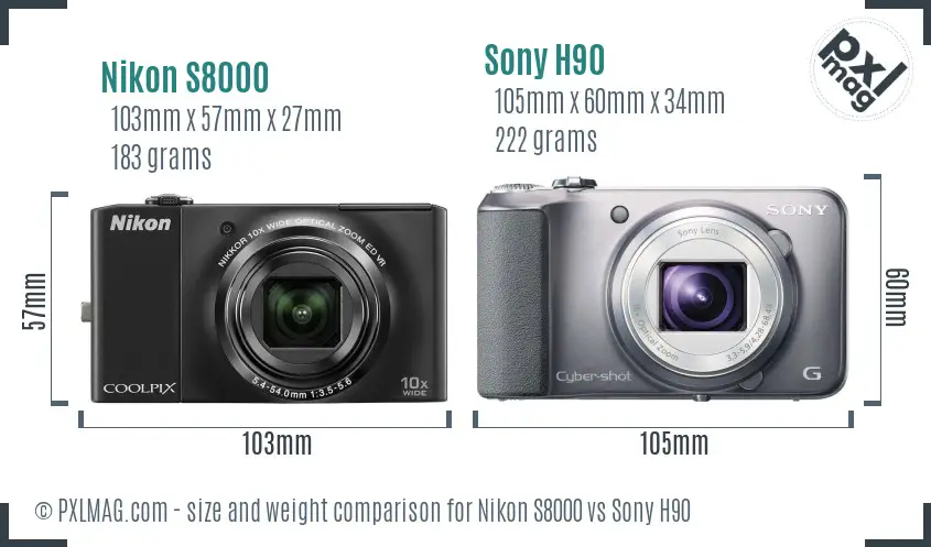 Nikon S8000 vs Sony H90 size comparison